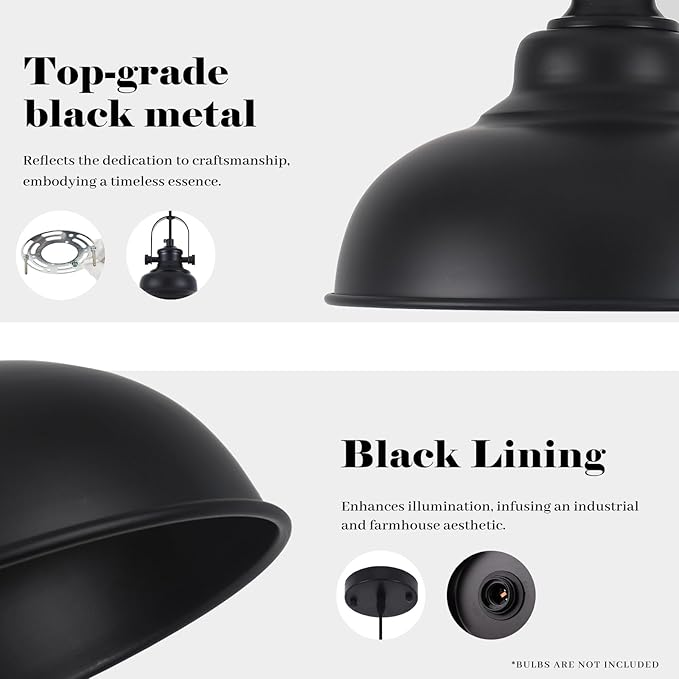 Black Pendant Lights Kitchen Island, 11.4 Inch Dome Pendant Light, Farmhouse Pendant Light, Island Pendant Light for Kitchen Island, Dining Room, Living Room (3 Pack)