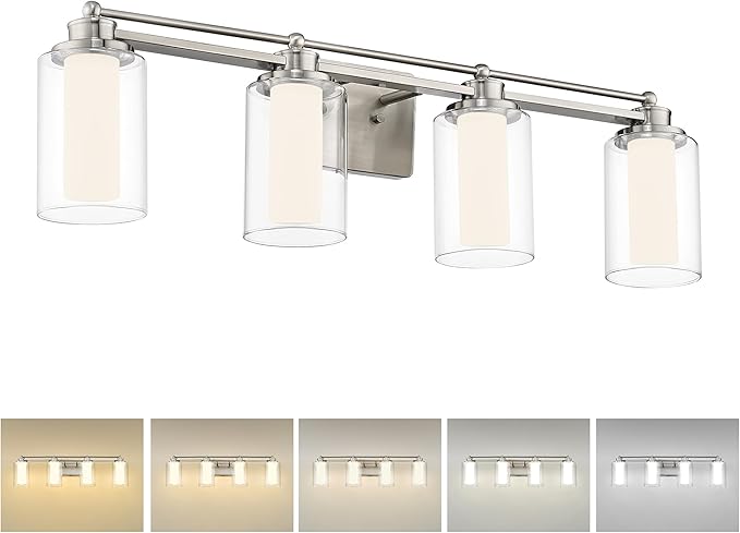 HWH 4 Light Modern Bathroom Vanity Lights Over Mirror, Brushed Nickel Dimmable 24W LED, 5CCT
