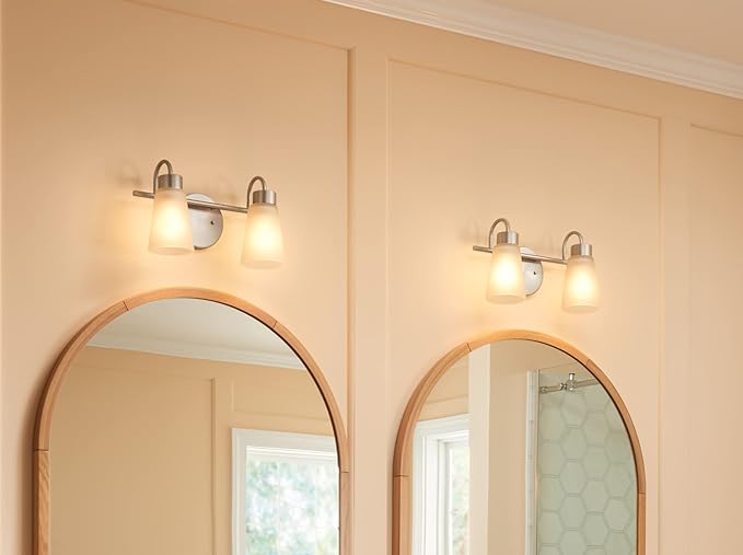 Kichler Stamos 2-Light Bathroom Vanity Light Fixture with Satin Etched Glass Shades, Modern Wall Mount in Brushed Nickel for Mirror Lighting (13 x 8 x 5 in), 45887NI