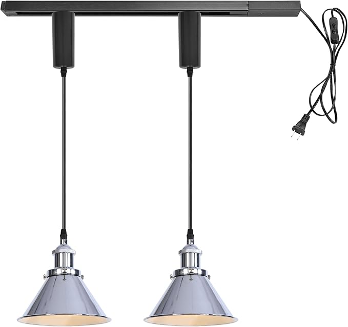 1x Plug in Cable Track Rail, 2X Adjustable Cord Silver Track Lighting Fixtures E26 Base H-Type Modern Design for Kitchen Loft(No Bulb)