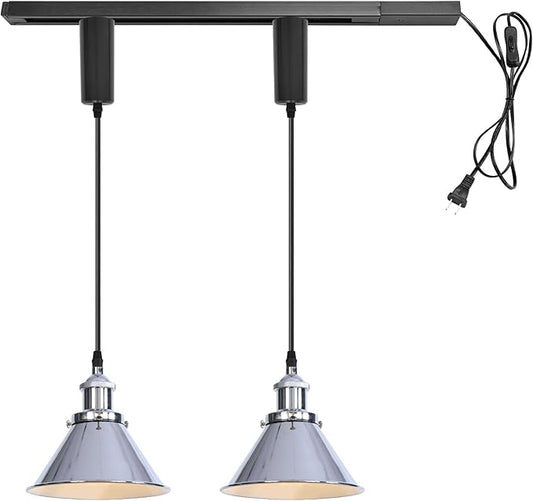 1x Plug in Cable Track Rail, 2X Adjustable Cord Silver Track Lighting Fixtures E26 Base H-Type Modern Design for Kitchen Loft(No Bulb)