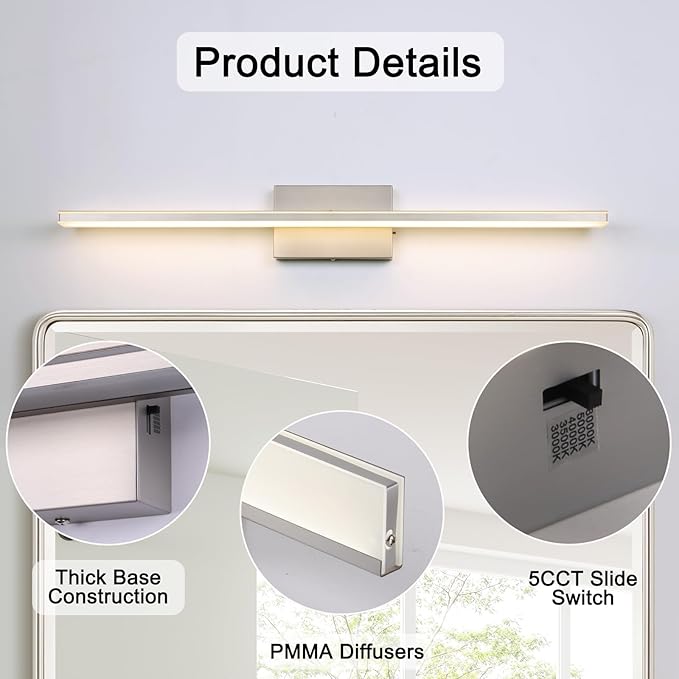 LED Brushed Nickel Vanity Light for Bathroom Lighting Fixtures Over Mirror Modern Bath Vanity Lights Bar 24W 5CCT Diammable Bathroom Lights 31.5 inch