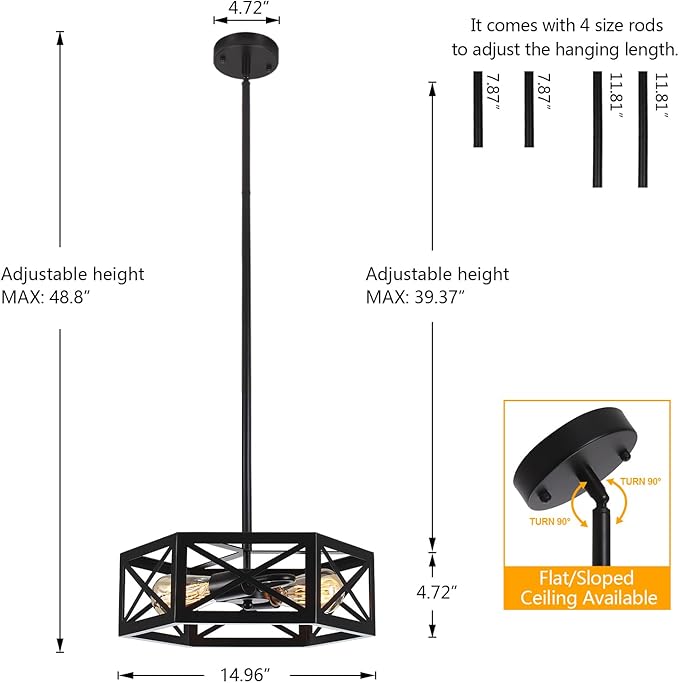 Semi Flush Mount Ceiling Light, Sloped Ceilings Lights Fixtures, Black Farmhouse 2-Light Chandelier, Adjustable Height Metal Lighting for Kitchen Dining Room Entryway Foyer Hallway