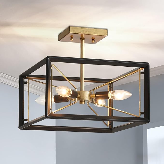 AGV LIGHTING CL046BB Modern Ceiling Light, Semi-Flushmount Close to Ceiling Light Fixture, Perfect for Living Space, L13 x W13 x H11, 4 x E12 Socket, Rustic Brass & Matte Black Finish