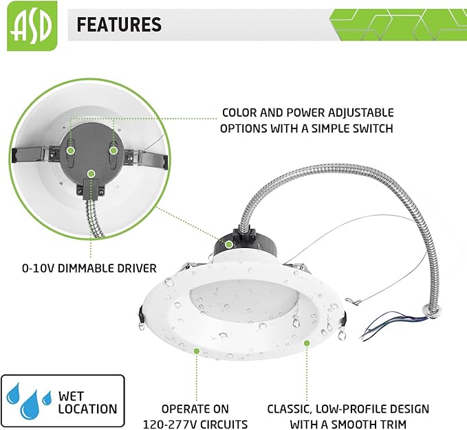 ASD 6 Inch Commercial Canless LED Downlight, Power Adjustable 10/15/22W Lighting, Dimmable Recessed Ceiling Light Fixture, 5 Color Temperatures 2700K-5000K, 120-277V IC Rated UL & Energy Star 4 Pack