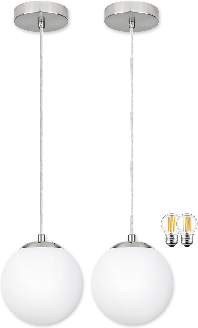 KoKo&Yukina 6 Inch Globe Pendant Light Nickel Globe Pendant Lights Kitchen Island Mid Century Light Fixture with Milky White Glass Shade for Dining Room (2 Pack)