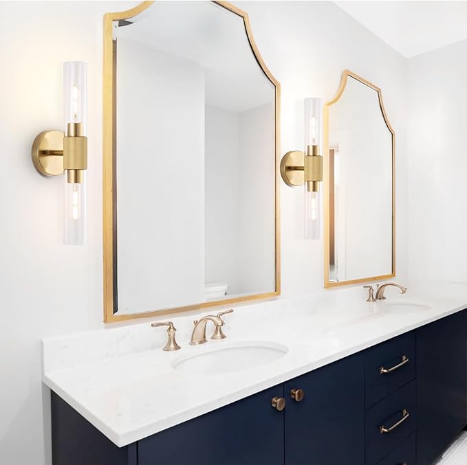 BYOLIIMA Gold Knurled Texture Wall Sconce Clear Glass Shade Modern Bathroom Vanity Light Fixtures 2-Lights Mid Century Wall Light for Mirror Living Room Hallway E26 T10 Bulbs(Excluded)
