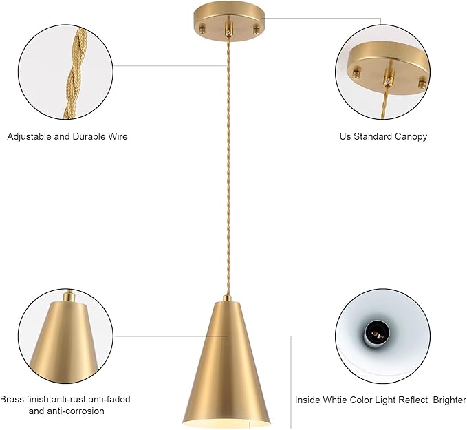Dijiahua Brass Pendant Lights Kitchen Island,Gold Dining Room Light Fixtures Over Table with Cone Metal Shade, Modern Vintage Mini Chandeliers,Adjustable Cord Hanging Lighting for Bar,Sink.(1 Pack)