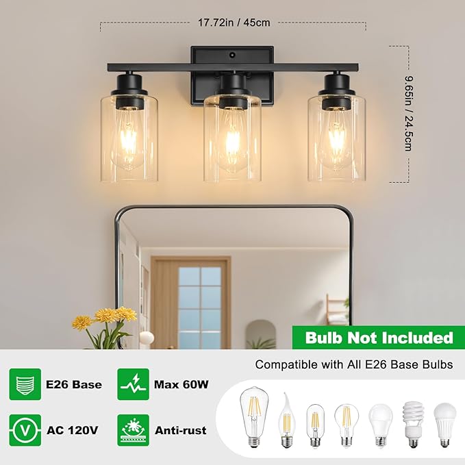 Unicozin 3 Light Bathroom Light Fixtures, Modern Vanity Lights Over Mirror, Black Wall Lamp with Clear Glass for Living Room Cabinet Bedroom Porch