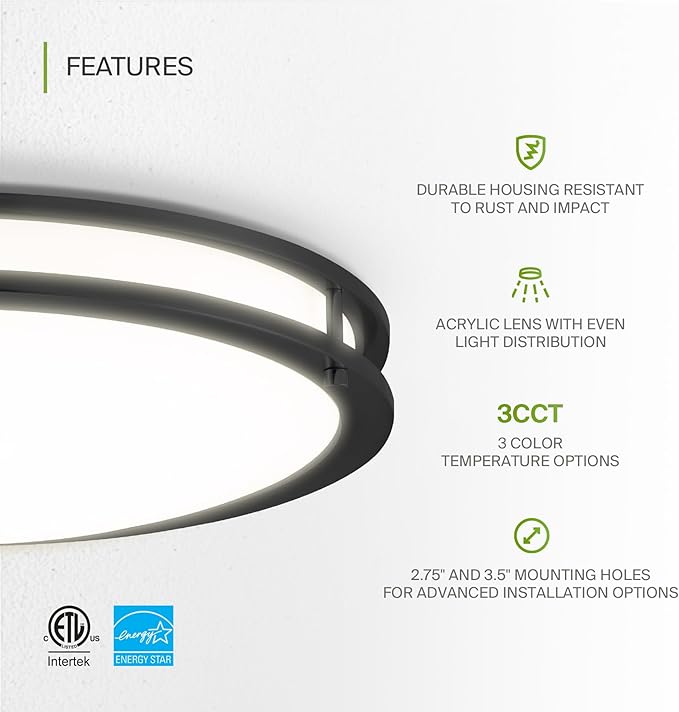 ASD LED 18" Round Flush Mount Lighting, Close to Ceiling Light Fixture | 3CCT, Dimmable, Energy Star, ETL Listed | 28W 2230LM 3000-5000K 120V | Low Profile Double Ring Lamp | Black, 2 Pack