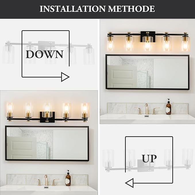 5 Light Bathroom Vanity Light Fixtures, Black and Gold with Clear Glass Shade, Modern Wall Sconce Over Mirror, Brushed Gold for Bathroom (E26 Base)