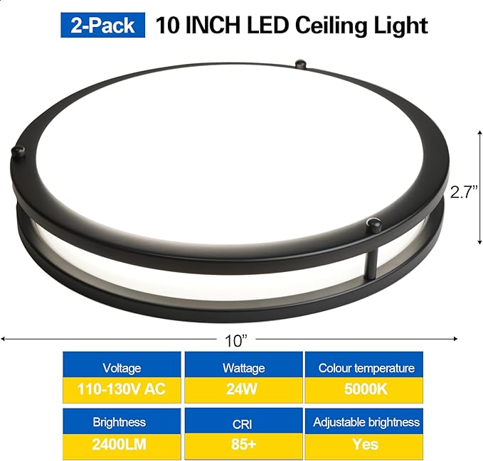 OOWOLF 10 Inch 24W LED Ceiling Lights, 5000K Brightness Adjustable Flush Mount Ceiling Light, Super Bright Matte Black Lighting Lamp Fixture for Bedroom Bathroom Dining, 2-Pack, Daylight White