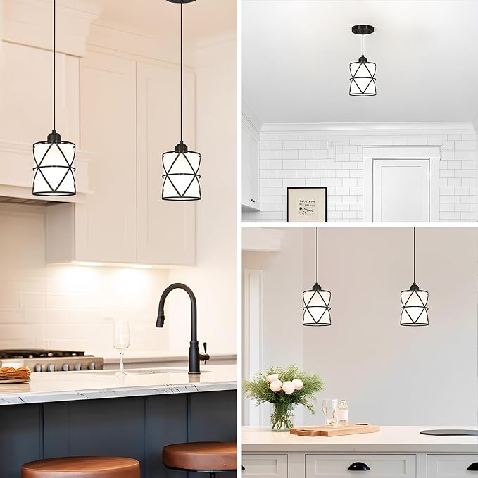 Modern Black Pendant Lights Kitchen Island 2 Pack, Farmhouse Frosted Glass Cylinder Pendant Light Fixture,Island Lights for Kitchen,Pendant Lighting for Home Decor - 5.51 Inch Shade 59.06 Inch Cord