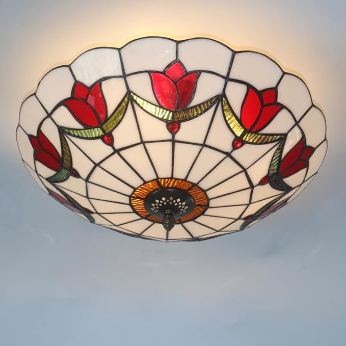 16 Inch Tiffany Style Stained Glass Ceiling Light Flush Mount Ceiling Light Vintage Chandeliers Pendent Light Fixtures (16 Inch Red)