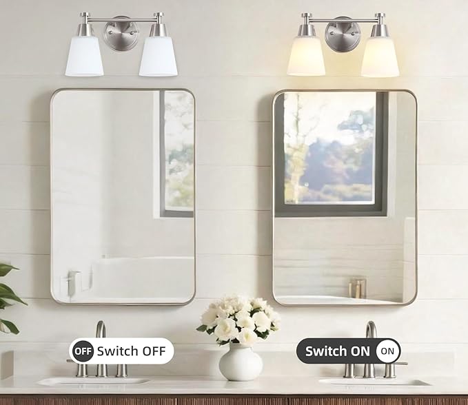 2-Light Bathroom Vanity Light, Brushed Nickel Finish with Milk Glass Shades, Over Mirror, for Bathroom Vanity