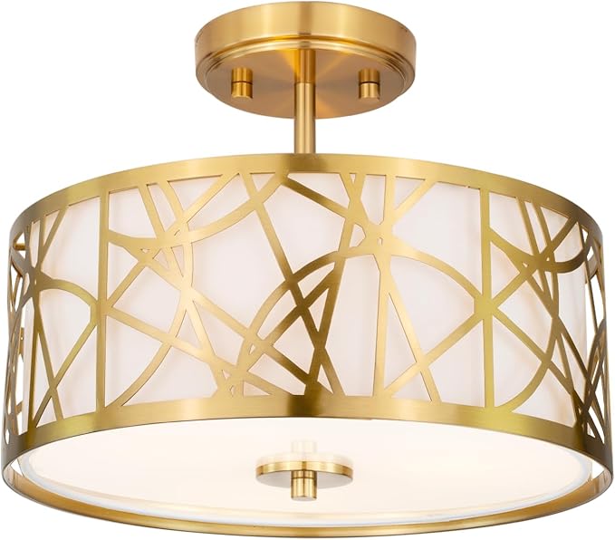 3-Light Semi Flush Mount Ceiling Light, 12.6" Drum Light with White Fabric Shade, Modern Close to Ceiling Lamp for Living Room Bedroom Dining Kitchen Hallway Entry Foyer (Brushed Gold)