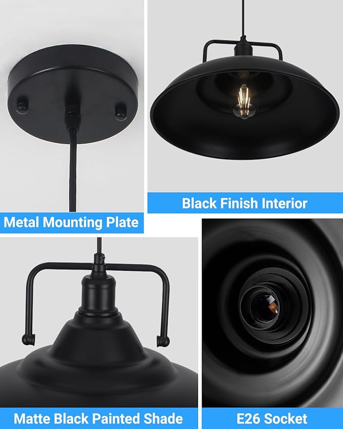 Black Pendant Light 15.7 Inch 1-Light,Large Pendant Lights for Kitchen Island,Industrial Farmhouse Pendant Light for Dinning Room Hallway Barn