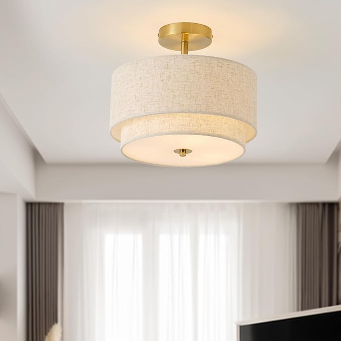 12.6" Flush Mount Ceiling Light Fixture,Gold 3-Light Modern Ceiling Light with Fabric Shade in Double Drum-Shape for Bedroom Hallway Nursery Living Room Kitchen Island(2-Tier Gold)