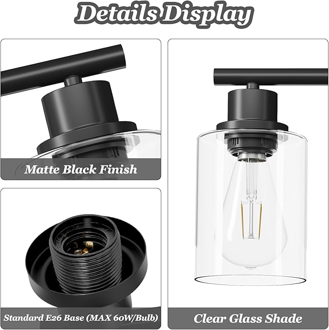 4-Light Black Bathroom Light Fixtures, E26 Modern Vanity Lights for Bathroom with Clear Glass Shade, Wall Lamps for Mirror Hallway Kitchen Cabinet Living Room Sconces Lights