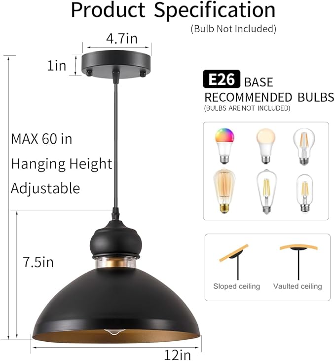 Black Farmhouse Pendant Lights,Matte Pendant Lighting for Kitchen Island Industrial Adjustable Height Vintage Dome Hanging Light Fixtures for Barn, Dining Room (2)