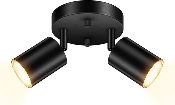 LED 2 Light Track Lighting Kit, LED Track Lighting Fixtures, Black Round Ceiling Spot Lighting, Flexibly Rotatable Light Head for Kitchen, Living Room, Bedroom, GU10 Bulb Not Included