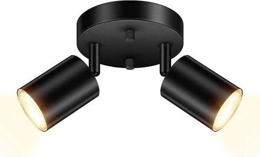 LED 2 Light Track Lighting Kit, LED Track Lighting Fixtures, Black Round Ceiling Spot Lighting, Flexibly Rotatable Light Head for Kitchen, Living Room, Bedroom, GU10 Bulb Not Included