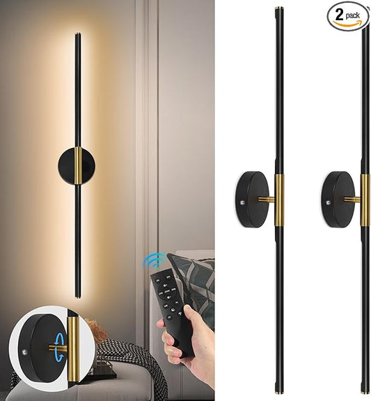 TaoFiaCo Battery Operated Wall Sconces Set of Two, 360°Rotate Wireless Rechargeable Wall Sconces with Remote Control, Black Gold, Dimmable, Timing Decor Lights for Bedroom Hallway, 31.5 Inch