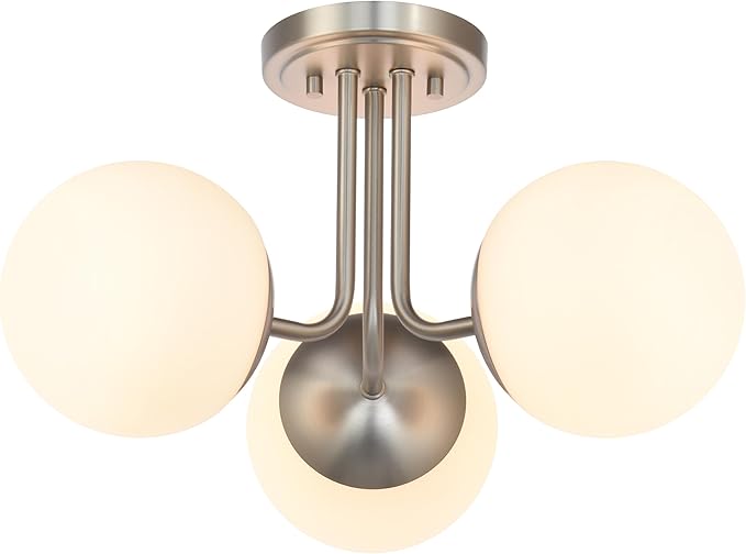 3 Light Semi Flush Mount Ceiling Light Fixture Brushed Nickel, Modern Globe Chandelier, Sputnik Farmhouse Lighting for Kitchen Bedroom Bathroom Living Room Corridor Laundry Room Bar …