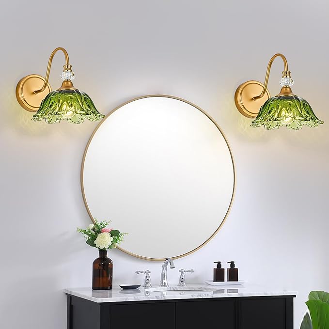 1 Piece Vintage Wall Sconce with Floral Green Glass Shade, Matte Brass Finish Wall Sconce for Bathroom, Vintage Bathroom Vanity Light Fixture