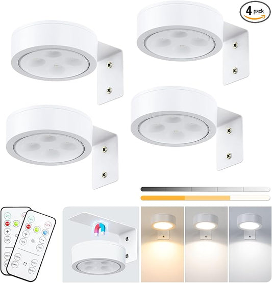 4-Pack Battery Picture Lights, Remote Painting Light for Art Disaplay,Magnetic LED Wall Picture Light, Dimmable & Timer, 3 Lighting Modes Art Display Light for Gallery Dartboard Frame Pictures, White