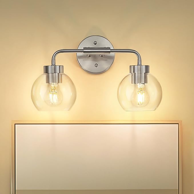 zeyu Modern Bathroom Vanity Lamp, Globe Vanity Light for Bathroom, 2-Light Wall Mirror Light, Brushed Nickel Finish with Clear Glass Shade, ZS62BG-2W BN