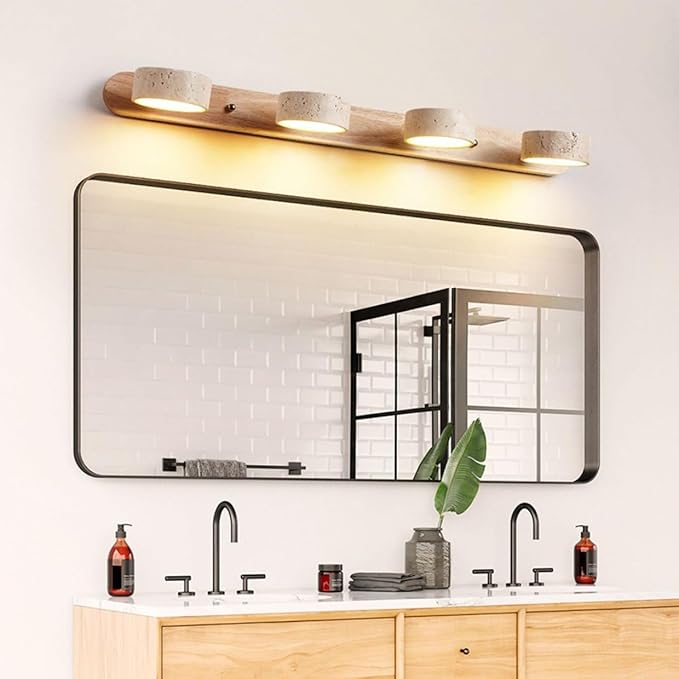 Farmhouse Wood Vanity Light Fixture Nordic Style Stone Wall Lamp Natural Travertine Shade Linear Bathroom Wall Sconce 4 Lights Rotatable LED Wall Light Over Mirror - Natural Wood Color
