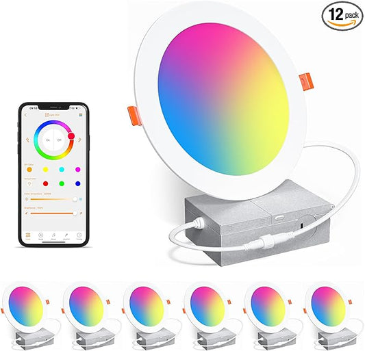 SikSog Smart Recessed Lighting 6 Inch RGBCW Color Changing 16W LED Downlight with Junction Box,1350 Lumen Recessed Ceiling Light Compatible with Alexa,Dimmable by Bluetooth Control -6Pack