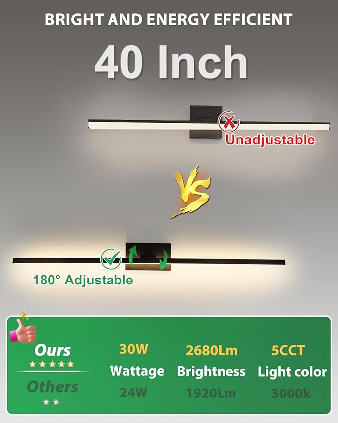 zouzai Second Generation Modern LED Bathroom Vanity Light Bar Black IP44 Over Mirror Bath Wall Fixture 5CCT Adjustable, Dual-Sided, 180° Adjustable Angle (40 inch)