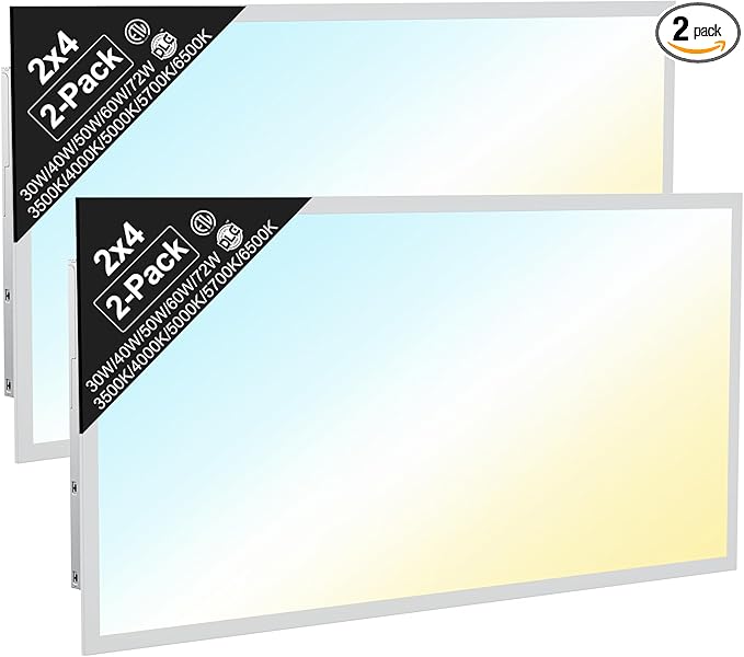 2x4 LED Flat Panel Light, Drop Ceiling Office Fixture, 2-Pack, 5W & 5CCT Selectable (30W–72W, 3500K–6500K), 0-10V Dimmable, Back-Lit, Flicker-Free, DLC & ETL Listed