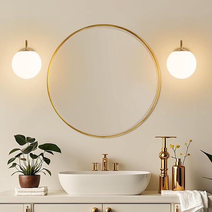 2-Pack Wall Sconce for Bathroom, Vintage Brushed Gold Vanity Lights, Wall Mount Light Fixtures With Milk Glass Globe Shade, Indoor Wall Lights Fixture for Bedroom Living Room Mirror Hallway(G9 Incl.)