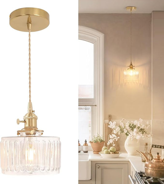 Shenmoyl Pendant Light with Clear Striped Glass Lmapshade, Brass Vintage Pendant Light Adjustable Hanging Light for Kitchen Island Dining Room Hallway
