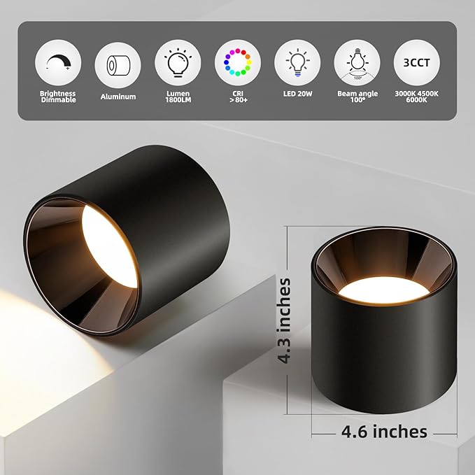 Modern LED Flush Mount Ceiling Light Fixtures for Hallway,Entryway, 20W 1800LM 3CCT 3000K-6000K Dimmable Close to Ceiling-Lighting, Cylinder Ceiling-Lamps for Dining Room Living Room, 3 Pack