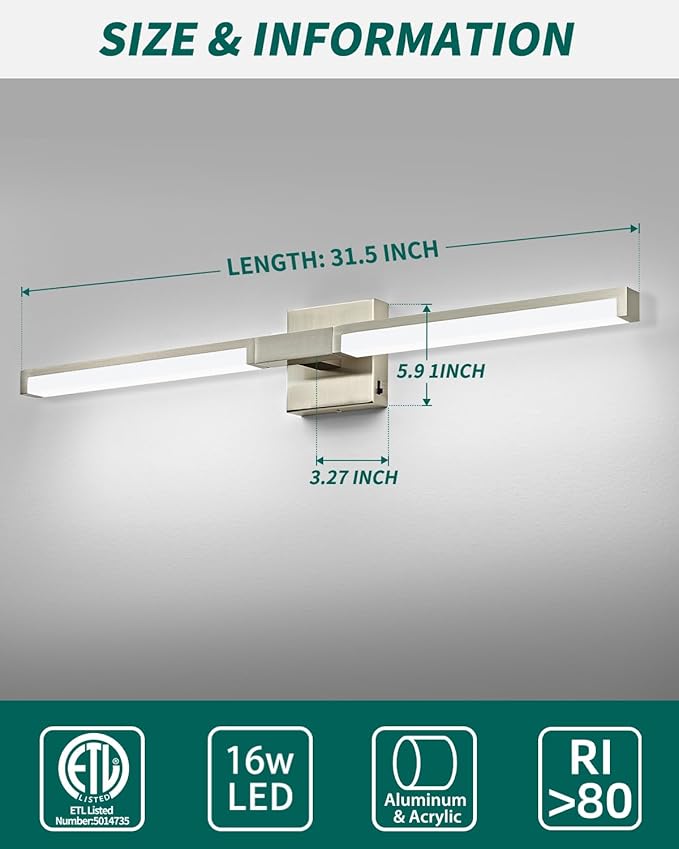 OKELI 32 Inch Bathroom Light Fixtures, Modern Brushed Nickel Vanity Light Over Mirror for Bathroom, 16W 5CCT Diammable Bar Wall Light