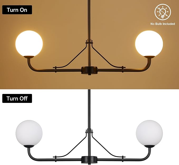 Klgxnrd 2 Lights Black Linear Chandelier, Mid Century Modern Kitchen Island Lighting, Dining Room Light Fixtures Over Table Hanging, Milk White Globe Glass Shade