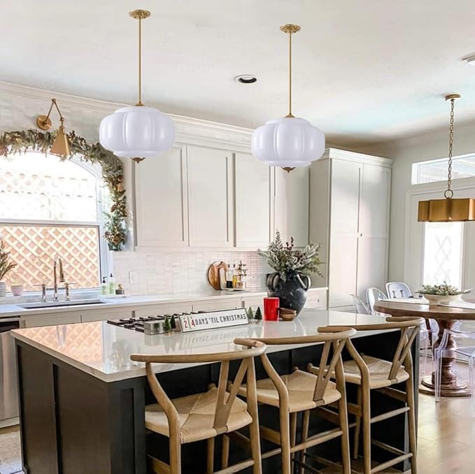 Opal Glass Pendant Light Vintage Schoolhouse Lighting Easy Change Bulb White Milk Glass Chandelier Traditional Gold Semi Flush Mount Ceiling Light for Bedroom Kitchen Dining Room
