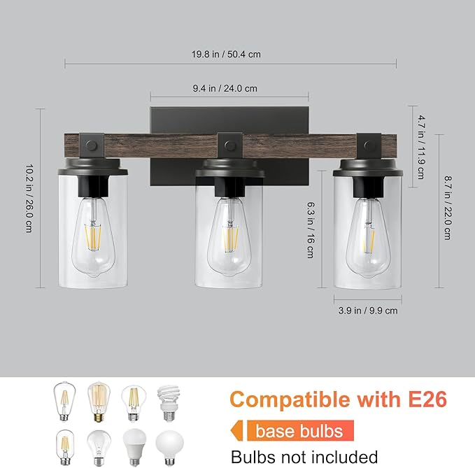 Bathroom Vanity Light Fixtures, Wooden Farmhouse Bathroom Lights over Mirror Vintage Rustic Sconces Wall Lighting 3-Light Industrial Matte Black Vanity Light for Bathroom Bedroom Hallway Kitchen