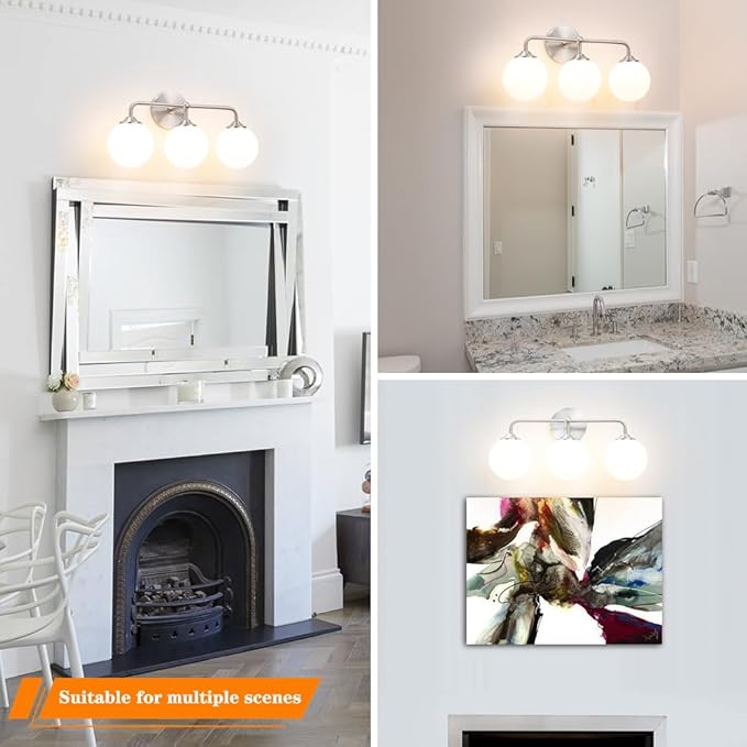 Elagant Modern Brushed Nickel Bathroom Vanity Lights, 3-Lights Bathroom Light Fixtures with Milky White Globe Glass Shade, Bathroom Wall Sconces Light over Mirror Dressing Table Bedroom Living Room
