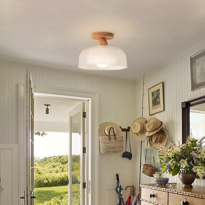 Schoolhouse Light Fixture Wood Ceiling Lamp, Semi Flush Mount Ceiling Light, 12'' Base, Balcony Solid Wood Hanging Light Farmhouse Bedroom Kitchen Hallway Glass Close to Ceiling Lights (B)