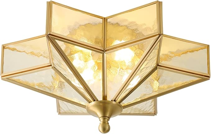 Star Brass Vintage Ceiling Light - 12.2 in Small Hammered Glass Antique Brushed Gold Flush Mount Fixture, Mid Century Art Deco Overhead Lighting for Kitchen Hallway Bedroom Bathroom Laundry Entryway
