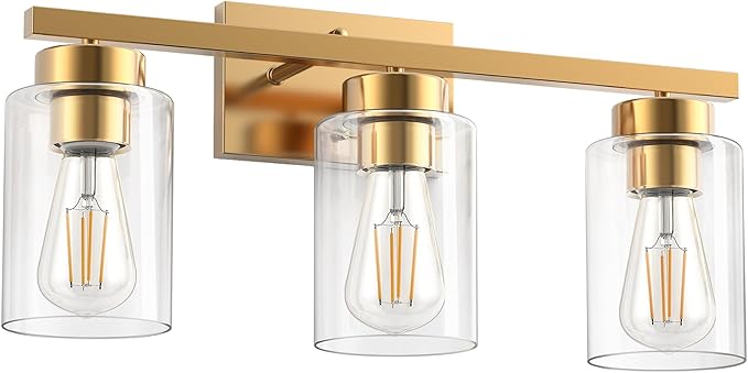 PARTPHONER 3-Light Bathroom Light Fixtures, Brushed Gold Vanity Light with Clear Glass Shade, Modern Wall Sconce for Mirror Bedroom Living Room Hallway Lighting