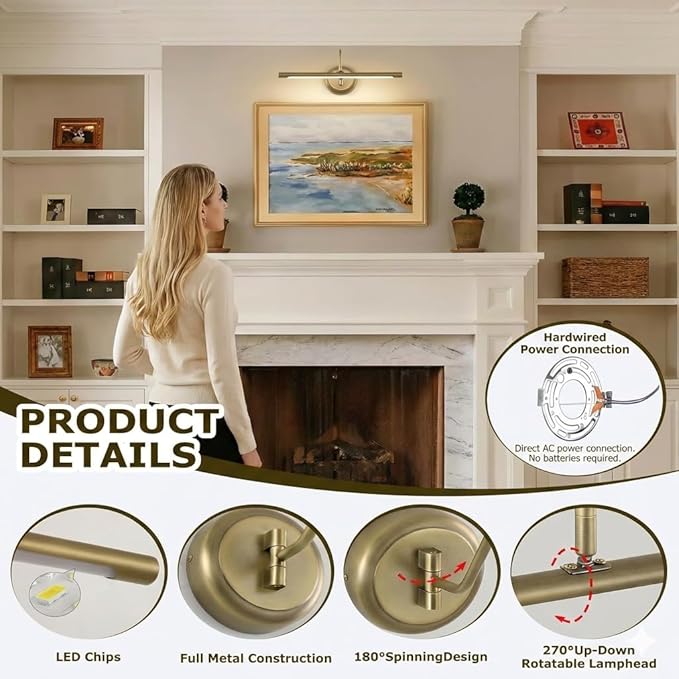 JOOSENLUX 16.5" Brass Picture Light Hardwired, Adjustable LED Art Display Lighting Fixture, 3000K Warm Dimmable Wall Sconce for Painting Portrait Gallery, Vintage Gold Metal Indoor Bedroom