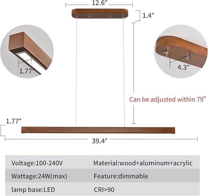 YISDESIGN 39" Wood Linear Pendant Light Modern LED Dimmable Ceiling Hanging Light Fixture Wood Linear Chandeliers 24w for Dining Room Kitchen Island Pool Table Bar Walnut Color (with Remote Control)