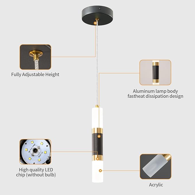Modern Kitchen Island Light Fixture Dimmable LED Black Mini Pendant Light Bedroom Bedside Table Black Gold Small Pendant Lighting (2-Pack)
