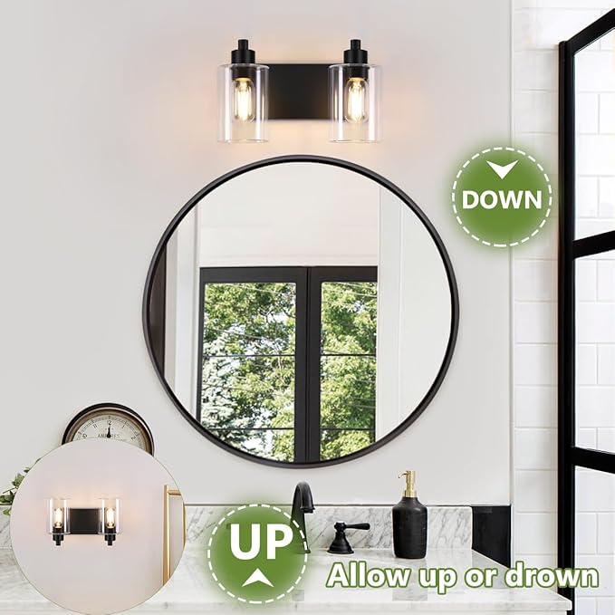 Dpyrrhic Matte Black 2-Light Bathroom Lights Over Mirror with Clear Glass Shade, Modern Bathroom Light Fixtures for Kitchen Living Room Bedroom Laundry Room